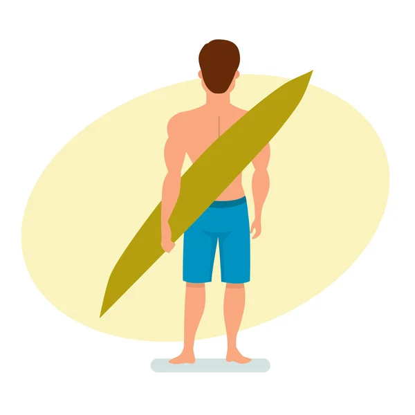 Surfer στέκεται με την πλάτη του, κρατώντας ένα Διοικητικό Συμβούλιο για την κολύμβηση. — Διανυσματικό Αρχείο