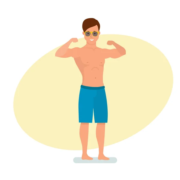 Surfista muscular mostra seus músculos e forma física. Praia recreativa . — Vetor de Stock