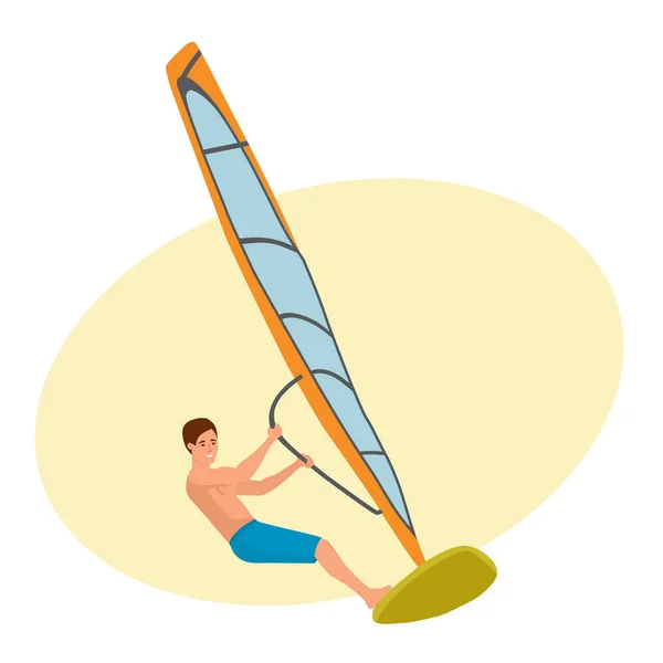 Mann segelt auf Segelboot, hält inne, betätigt sich in aktiver Erholung. — Stockvektor