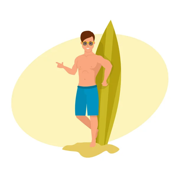 Surfista en la playa está de pie y posando contra el tablero de fondo . — Vector de stock