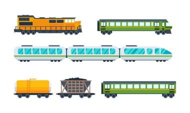 Railway locomotive with various wagons: transportation and cargo carriage coal. clipart