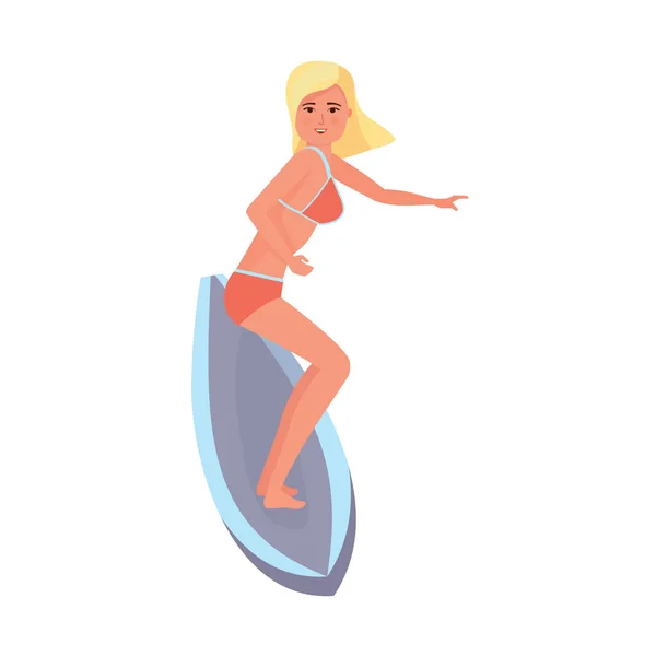 Flicka, med ben i knä, rullande på vågor ombord. — Stock vektor