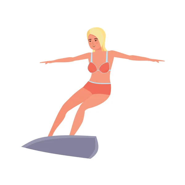 Surfista con tabla de surf de pie, cabalgando en la ola del océano. Viajes de surf . — Vector de stock