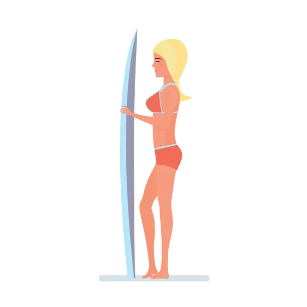 Surfer staat zijwaarts bedrijf bestuur voor zwemmen in zijn handen. — Stockvector