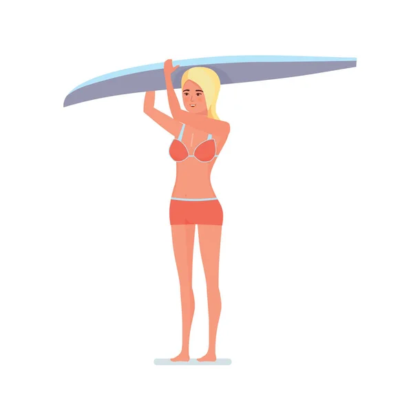 Chica está de pie sosteniendo tablero para nadar por encima de su cabeza . — Vector de stock