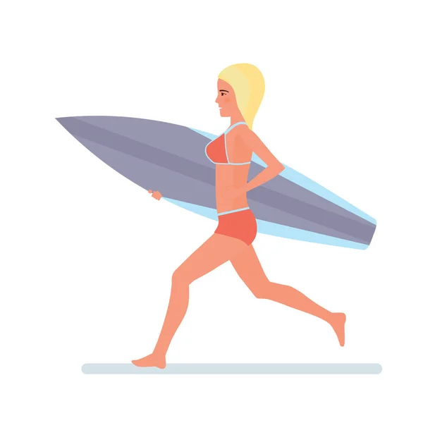 Mädchen hält Brett in den Händen, läuft im Badeanzug am Strand entlang. — Stockvektor