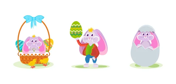 Кролик в декоративному кошику, з пофарбованим яйцем в руці . — стоковий вектор