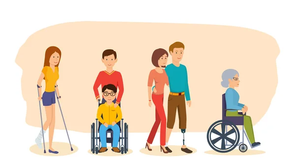 Concepto de ilustración - personas con discapacidad y amigos ayudando . — Archivo Imágenes Vectoriales