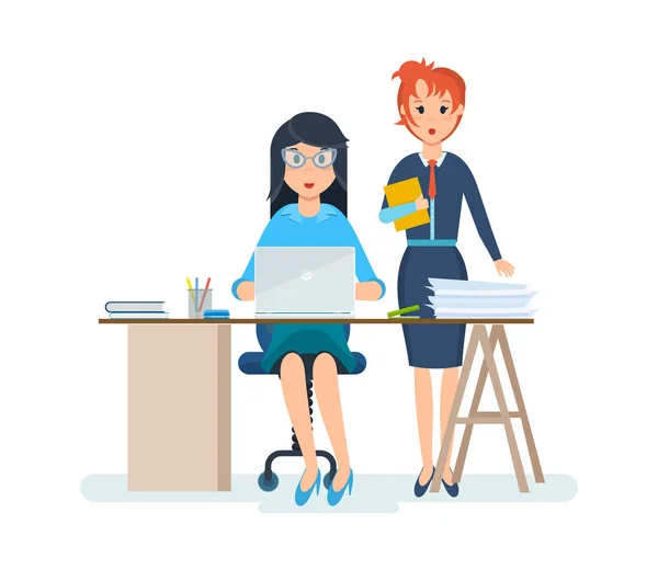 Beautiful girl working at computer, next to her colleague. — Stock Vector