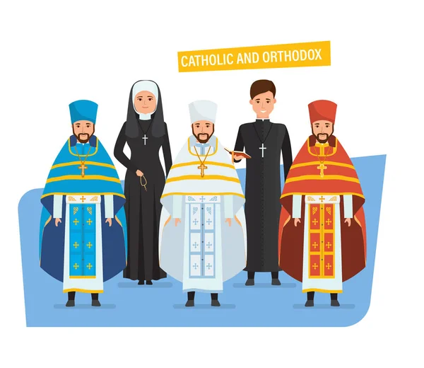 Catholic, orthodox christianity. Religious priests, nuns, in spiritual robes, cassocks. — Stock Vector