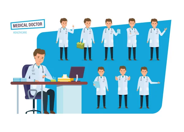 Uppsättning av läkare, hälso-och sjukvård. Läkare i olika situationer, poser. — Stock vektor