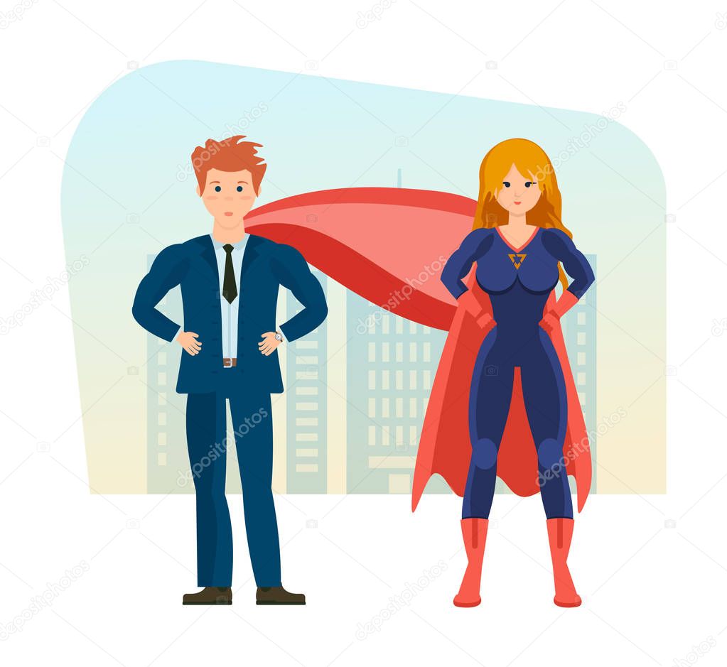 Businessman and superwoman is superheros, on background of street city.