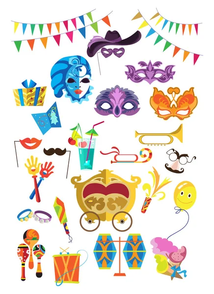 Beautiful decorative masks, decorations, gifts, costumes, musical instruments, festive accessories. — Stock Vector