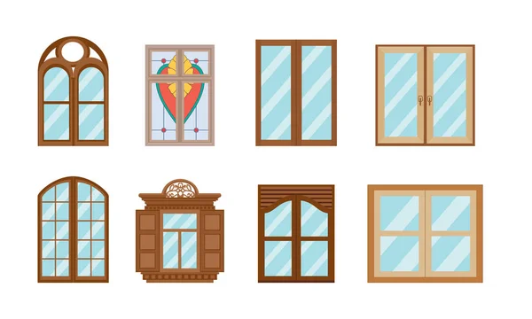 Conjunto de ventanas diferentes formas, materiales y colores . — Archivo Imágenes Vectoriales