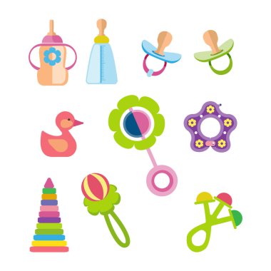 Set of kids, children toys and accessories concept. clipart