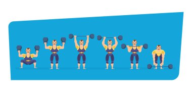 Athlete character, showing strength exercises with dumbbells, in different poses. clipart