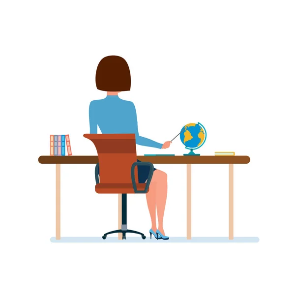 Jeune enseignante à son bureau, travaillant à l'ordinateur portable avec des documents . — Image vectorielle