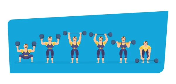 Athlete character, showing strength exercises with dumbbells, in different poses. — Stock Vector