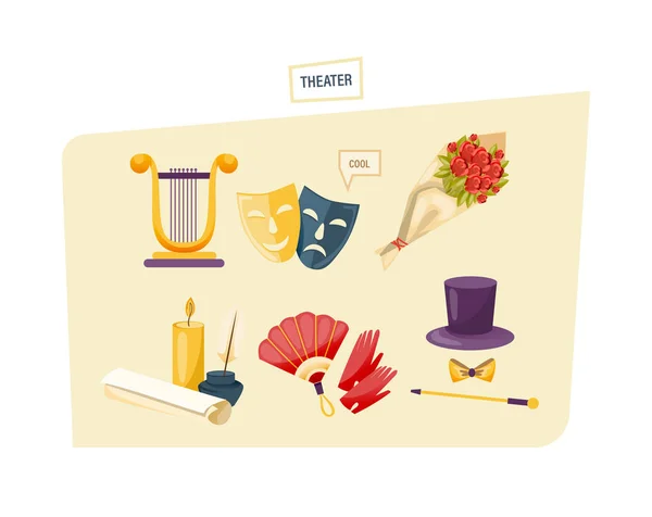 Set van theatervoorstelling iconen. Apparatuur, maskers, gebouw, kenmerken van de kleding. — Stockvector
