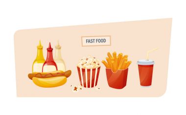 Sıcak sosisli farklı sos, patlamış mısır, patates kızartması, içecek.