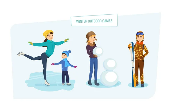 Winter outdoor. People do their favorite hobby in open air. — Stock Vector