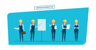 Mühendisleri inşaat işçileri ekibi ile kişi karikatür karakter.