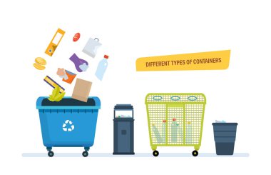 Farklı tip konteynerler, gıda atık, kağıt ürünleri, plastik atık.