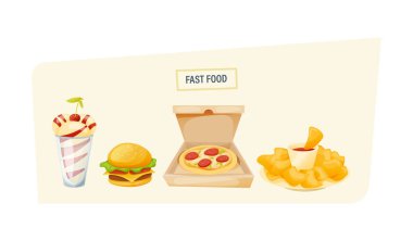 Tatlı dondurma cam, taze hamburger, pizza, patates cipsi.