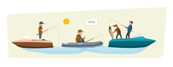 Pescatori che pescano sulle barche, in estate, facendo quello che amano . — Vettoriale Stock