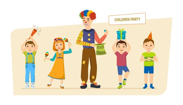 Παιδικά πάρτυ. Μικρά χαρούμενα παιδιά, διασκεδάστε, παίζουν, να περνούν το χρόνο. — Διανυσματικό Αρχείο
