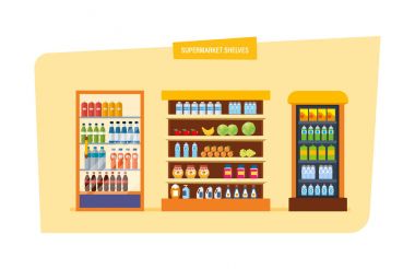 İçecekler, sebze, meyve ile raflar depolar. Süpermarkette satın alma, stok.
