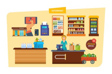 Yapı ürünleri ile süpermarket raflarında. Bakkal öğeler, perakende.