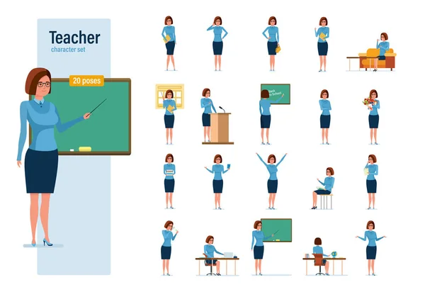 Jeu de caractères d’enseignant. Jeune enseignant dans diverses situations et paramètres. — Image vectorielle