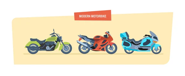 Diferentes tipos de motocicletas modernas: deportes, motocicleta del motorista, clásico . — Archivo Imágenes Vectoriales