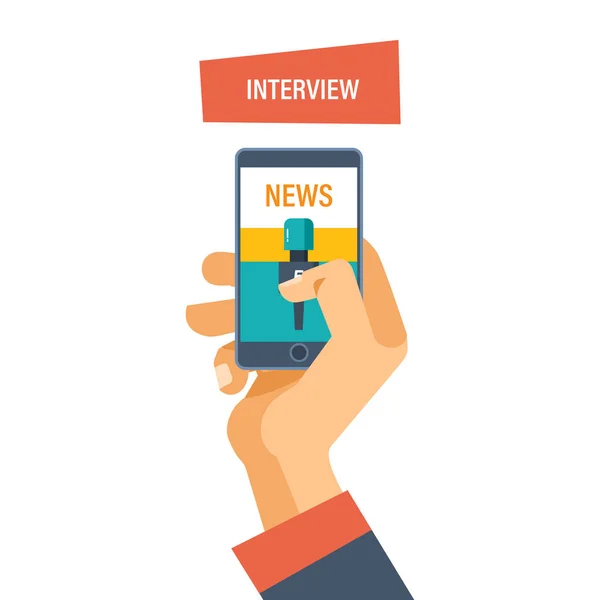 Mão microfone espera, repórteres entrevista para editores, imprensa, televisão . —  Vetores de Stock