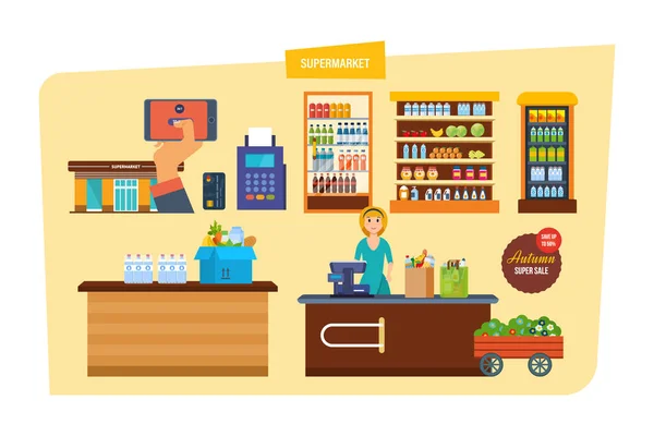 Supermarket building with products shelves. Grocery items, retail. — Stock Vector