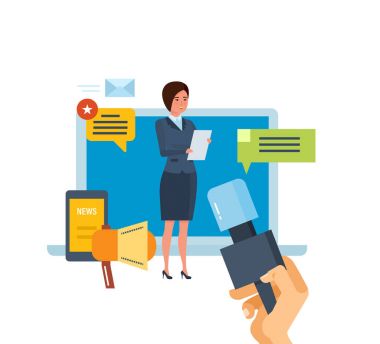 Online basın toplantısı kavramı. İletişim, röportajlar, sorular, yayınları, haber kaynakları.