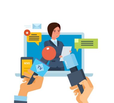 Online basın toplantısı kavramı. İletişim, röportajlar, sorular, yayınları, haber kaynakları.