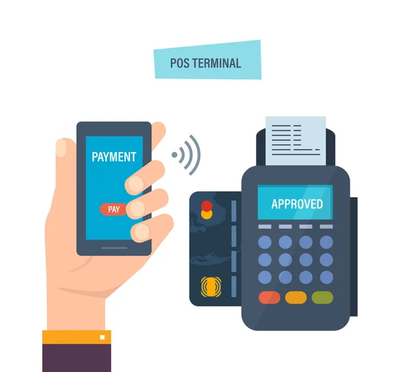 POS terminal. Finansiella transaktioner. Hand pressar betalning knappen i telefon. — Stock vektor