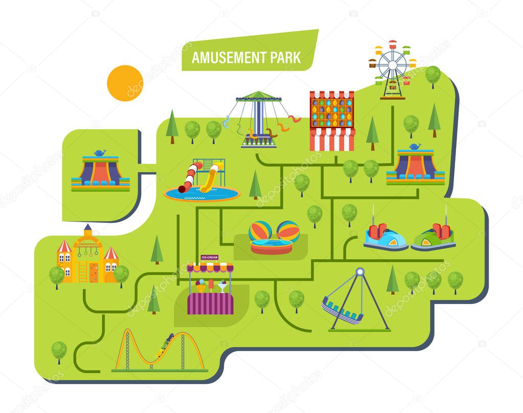 Amusement park for children with carousels, roller coaster, attractions.