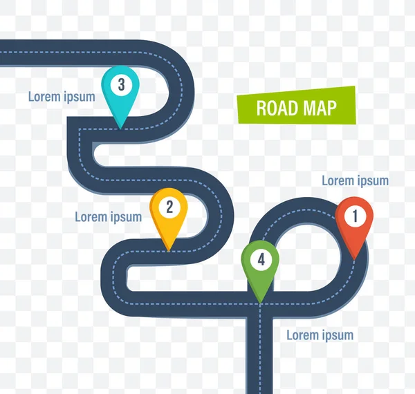 Routekaart met kleurrijke heldere markeert merkers en weg. — Stockvector