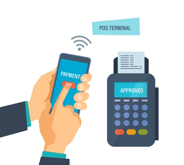 Terminal de Pos. Opérations financières. La main appuie sur le bouton de paiement dans le téléphone . — Image vectorielle