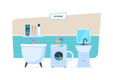 Interior of bathroom, with household appliances, furniture, household items, architecture. clipart