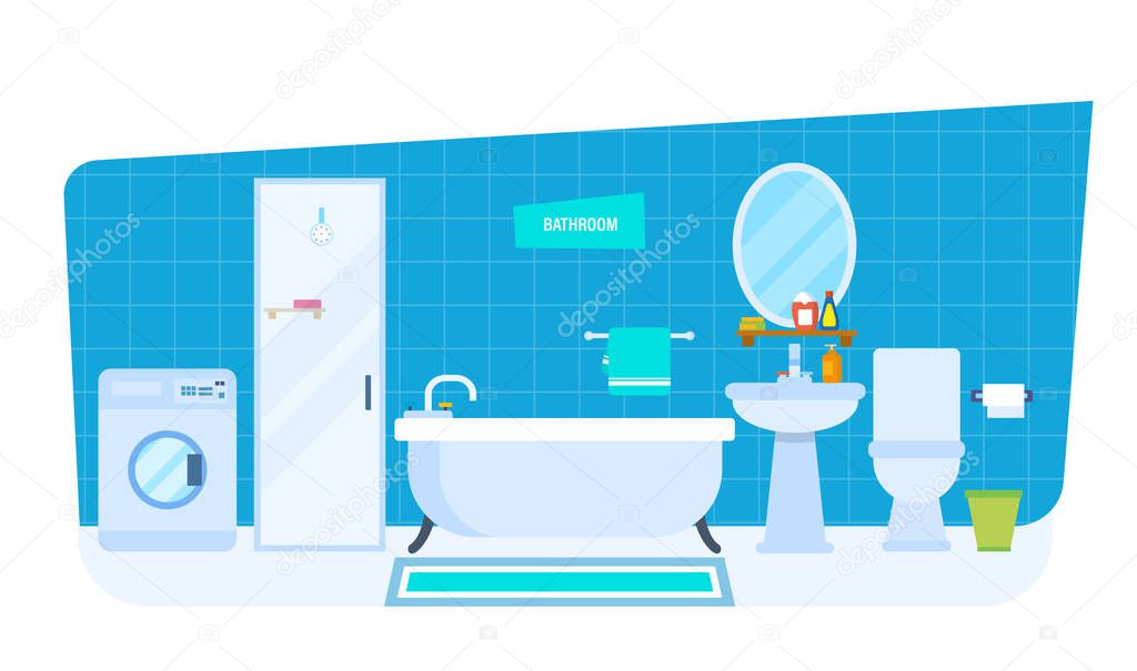 Interior of bathroom, with household appliances, furniture, household items, architecture.