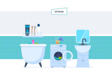 Interior of bathroom, with household appliances, furniture, household items, architecture. clipart