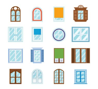 Ahşap pencere çerçeveleri kümesi. Mimari tasarım açık, dış görünümü.