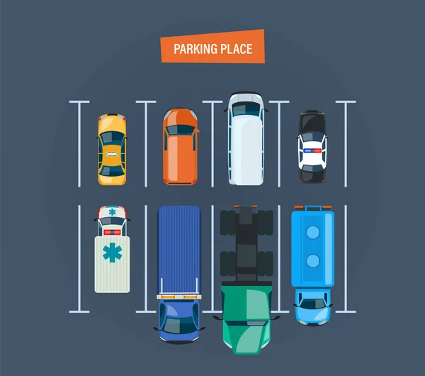 駐車場。駐車場の平面図です。さまざまな種類の車. — ストックベクタ