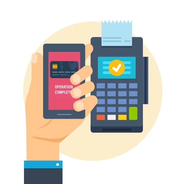 Terminal Pos. Operações financeiras. Mão pressiona botão de pagamento no telefone . — Vetor de Stock