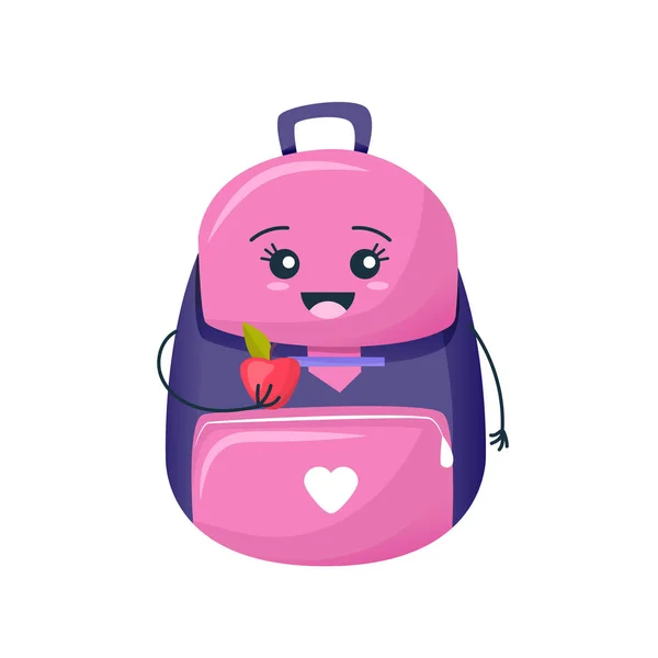 Mochila linda divertida, con una manzana en las manos, sonriendo . — Vector de stock