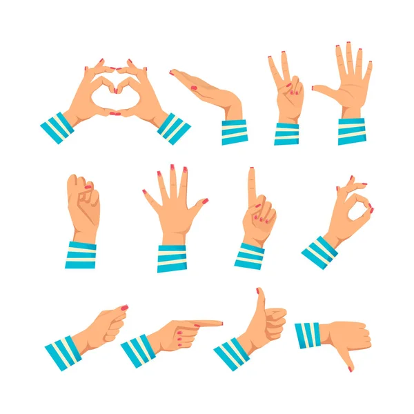 Ensemble de mains dans différents gestes émotions et signes . — Image vectorielle